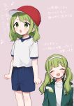  1girl ^_^ bangs beamed_eighth_notes blue_shorts blush brown_background closed_eyes commentary_request eighth_note eyebrows_visible_through_hair facing_viewer flat_cap green_eyes green_hair green_jacket gym_shirt gym_shorts gym_uniform hairband hat jacket long_hair morinaka_kazaki multiple_views musical_note nijisanji open_clothes open_jacket red_headwear shirt short_sleeves shorts simple_background translation_request twintails v-shaped_eyebrows virtual_youtuber white_hairband white_shirt yamabukiiro 