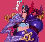  1girl absurdres ass bare_shoulders black_legwear breasts commentary ennuigrl fate/grand_order fate_(series) food fruit highres looking_at_viewer looking_back medium_breasts purple_hair red_background short_hair shuten_douji_(fate/grand_order) simple_background sitting smile thick_thighs thigh-highs thighs violet_eyes 