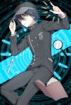  1boy bad_anatomy bangs baseball_cap black_hair black_headwear black_jacket black_pants book brown_eyes bullet dangan_ronpa double-breasted floating floating_object hair_between_breasts hair_between_eyes hands_up hat jacket layered_sleeves long_sleeves looking_at_viewer magnifying_glass male_focus new_dangan_ronpa_v3 open_book pants parted_lips saihara_shuuichi short_hair solo striped striped_jacket striped_pants teeth zuizi 