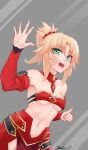  1girl absurdres against_glass armpits blonde_hair blush breasts cowboy_shot detached_sleeves fate/grand_order fate_(series) green_eyes grey_background hair_ornament hair_scrunchie highres looking_at_viewer mordred_(fate) mordred_(fate)_(all) navel pelvic_curtain pointing ponytail red_scrunchie scrunchie small_breasts solo zealyush 