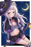  1girl absurdres arata_(xin) bangs blush commentary_request crescent_moon flat_chest gloves hair_bun hair_ornament hat highres hololive long_hair looking_at_viewer midriff moon murasaki_shion navel silver_hair solo virtual_youtuber witch_hat 