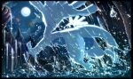  articuno clouds commentary_request gen_1_pokemon gen_2_pokemon highres karamimame legendary_pokemon lugia moltes moon night no_humans open_mouth outdoors pokemon pokemon_(creature) red_eyes sky splashing tongue water waterfall wet zapdos 