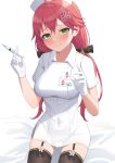  1girl absurdres ahoge alternate_costume blush closed_mouth covered_navel gloves green_eyes hair_ornament hairclip highres hololive id_card long_hair looking_at_viewer nurse pink_hair sakura_miko solo sweat syringe thigh-highs twintails virtual_youtuber white_gloves woogi 