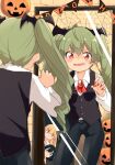  3girls anchovy_(girls_und_panzer) around_corner ascot bangs barashiya bat_hair_ornament belt black_belt black_hair black_pants black_vest blonde_hair blurry blurry_foreground brooch carpaccio_(girls_und_panzer) claw_pose closed_mouth commentary depth_of_field dress_shirt drill_hair eyebrows_visible_through_hair fang girls_und_panzer green_eyes green_hair hair_ornament halloween halloween_costume highres jack-o&#039;-lantern jewelry long_hair mirror multiple_girls nail_polish open_mouth pants peeking_out pepperoni_(girls_und_panzer) red_eyes red_nails red_neckwear reflection shirt short_hair silk smile spider_web standing string_of_flags twin_drills twintails vampire_costume vest white_shirt wing_collar 
