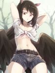  1girl :o animal_ears arms_behind_head arms_up bangs beige_background belt black_hair black_wings blue_shorts breasts collarbone commentary_request cowboy_shot eyebrows_visible_through_hair feathered_wings from_below highres horse_ears kurokoma_saki long_hair looking_down medium_breasts midriff navel no_hat no_headwear parted_lips pegasus_wings red_eyes shirt short_shorts shorts sky solo sunyup swept_bangs thighs tied_shirt touhou tree white_shirt wings 