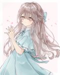  1girl absurdres blue_bow blue_dress blue_nails bow brown_eyes brown_hair dress hair_between_eyes hair_bow hands_together highres interlocked_fingers long_hair looking_at_viewer original simple_background solo standing white_background yuni_0205 