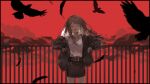  1girl belt bird black_feathers brown_hair brown_skirt closed_eyes cowboy_shot crow falling_feathers feathers full_moon jacket long_hair long_sleeves moon nekojita_(ika_neko46) open_clothes open_jacket open_mouth original outdoors railing red_sky shirt skirt sky sleeves_past_wrists smile solo white_shirt 