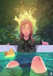  1girl absurdres bandaid bandaid_on_knee brown_eyes brown_hair feet_out_of_frame green_shirt highres huge_filesize inukoko knees_up leaf long_hair open_mouth original partially_submerged plant print_shirt rubber_duck shirt solo tile_wall tiles 