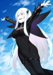  1girl bangs black_capelet black_dress blue_sky blush breasts butterfly_hair_ornament capelet dress echidna_(re:zero) hair_ornament highres inu_(aerodog) large_breasts long_hair long_sleeves open_mouth re:zero_kara_hajimeru_isekai_seikatsu silver_hair sky smile striped vertical-striped_dress vertical_stripes violet_eyes white_eyelashes 