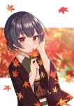  1girl absurdres autumn_leaves bangs black_hair blurry blurry_background blush closed_mouth commentary_request depth_of_field eyebrows_visible_through_hair flower hair_flower hair_ornament hands_up highres holding holding_leaf idolmaster idolmaster_shiny_colors japanese_clothes kimono leaf long_sleeves looking_at_viewer maple_leaf mochiko_(uyu_omochi) morino_rinze obi open_clothes red_eyes red_flower sash smile solo upper_body wide_sleeves 