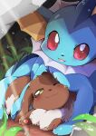  azuma_minatsu blush brown_fur closed_mouth commentary_request eevee foliage gen_1_pokemon leaf looking_at_viewer no_humans one_eye_closed paws pokemon pokemon_(creature) red_eyes smile vaporeon water_drop 