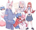  2girls absurdres animal_ears blue_hair bow brand_new_animal broken_heart cailin_(poptrt) closed_eyes fox_ears fox_girl fox_tail furry grin halo hand_in_pocket heart highres hiwatashi_nazuna hug jacket jewelry kagemori_michiru long_hair multiple_girls necklace open_mouth orange_eyes orange_hair pink_eyes raccoon_ears raccoon_girl raccoon_tail robe school_uniform shoes shorts simple_background skirt smile socks tail track_jacket track_suit upper_teeth white_background white_hair yuri 