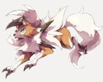  claws closed_mouth commentary_request full_body fur gen_7_pokemon green_eyes grey_background highres lycanroc lycanroc_(dusk) no_humans pokemon pokemon_(creature) solo takase_(takase1214) white_fur 
