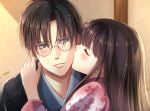  1boy 1girl bangs black_hair blue_eyes blush closed_eyes couple floral_print glasses hetero izumi_(stardustalone) japanese_clothes kimono kiss long_hair parted_bangs pink_kimono renri_no_chigiri_wo_kimi_to_shiru upper_body 