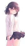  1girl black_hair black_skirt cowboy_shot eyebrows_visible_through_hair from_behind highres long_sleeves na-ga original pleated_skirt shirt short_hair simple_background skirt solo thighs violet_eyes white_background white_shirt 