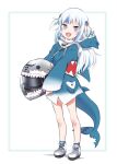  1girl animal_hood blue_eyes gawr_gura helmet highres hololive hololive_english hood iesupa long_sleeves motorcycle_helmet shark_girl shark_hood shark_print shark_tail sharp_teeth shoes sneakers solo tail teeth teeth_print white_hair 