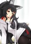  1girl animal_ear_fluff animal_ears black_choker black_hair black_hoodie black_legwear black_shorts blush breasts choker commentary eyebrows_visible_through_hair hair_ornament highres hololive long_hair long_sleeves looking_at_viewer medium_breasts multicolored_hair ookami_mio pantyhose parted_lips paw_print_pattern ponytail red_eyes redhead short_shorts shorts sitting smile solo streaked_hair two-tone_hair two-tone_sweater virtual_youtuber white_hoodie wolf_ears xiaodong327399 