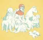 1girl animal dog dragon_quest dragon_quest_ii limited_palette long_hair princess_of_moonbrook puppy robe simple_background too_many_dogs yellow_background yuza 