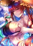  1girl akeyama_kitsune armpit_crease azur_lane bangs bare_shoulders bikini black_bikini blush breast_hold breasts commentary_request covered_nipples day eyebrows_visible_through_hair eyewear_on_head hat honolulu_(azur_lane) honolulu_(summer_accident?!)_(azur_lane) hose huge_breasts long_hair navel outdoors parted_lips red_eyes redhead sky solo straw_hat sun_hat sunglasses swimsuit twintails very_long_hair water wet 