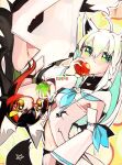  2girls absurdres ahoge animal_ear_fluff animal_ears apple bangs black_hair blue_neckwear braid commentary_request detached_sleeves eating eyebrows_visible_through_hair food fox_ears fox_girl fox_tail fruit glasses green_eyes hair_between_eyes highres holding holding_food holding_fruit hololive long_hair looking_at_viewer misono_denpachi multicolored_hair multiple_girls neckerchief ookami_mio pentagram redhead shirakami_fubuki shirt sidelocks single_braid tail two-tone_hair virtual_youtuber white_hair white_hoodie white_shirt white_sleeves wolf_ears wolf_girl wolf_tail yellow_eyes 