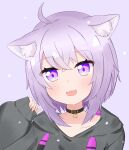  1girl :3 :d ahoge animal_ears bangs black_collar black_hoodie blush cat_ears cat_girl collar commentary drawstring fang hair_between_eyes highres hololive hood hoodie ixia_(ixia424) long_sleeves nekomata_okayu open_mouth purple_background purple_hair short_hair simple_background smile solo sparkling_eyes strap upper_body violet_eyes virtual_youtuber 