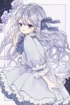  1girl absurdres blue_nails bow dress earrings flower grey_dress hair_bow hand_up highres jewelry long_hair looking_at_viewer original silver_hair simple_background solo standing very_long_hair violet_eyes yuni_0205 