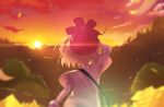  1girl bag beanie blonde_hair clouds commentary_request floating_hair from_behind hat outdoors pokemon pokemon_(game) pokemon_sm red_headwear rupinesu selene_(pokemon) shirt short_sleeves shoulder_bag sky solo sunset upper_body 