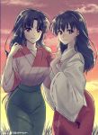  2girls aerururu bangs black_eyes black_hair blurry blush bokeh breasts closed_mouth clouds cloudy_sky commentary cowboy_shot depth_of_field eyebrows_visible_through_hair eyelashes green_skirt hand_on_another&#039;s_shoulder highres higurashi_kagome inuyasha japanese_clothes kimono lips long_hair looking_at_viewer medium_breasts miko multiple_girls outdoors parted_bangs red_skirt sango side-by-side skirt sky smile standing sunset twitter_username white_robe wide_sleeves 