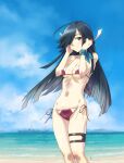  1girl bikini black_hair blue_ribbon breasts brown_eyes closed_mouth clouds commentary_request covered_nipples day hair_over_one_eye hayashimo_(kantai_collection) kantai_collection long_hair looking_at_viewer navel outdoors ribbon sameha_ikuya ship side-tie_bikini sky small_breasts smile solo standing swimsuit thigh_strap very_long_hair water watercraft wrist_ribbon 