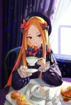  1girl abigail_williams_(fate/grand_order) absurdres bangs black_bow black_dress black_headwear blonde_hair bow cake cake_slice commentary_request cup curtains dress eyebrows_visible_through_hair fate/grand_order fate_(series) food forehead fork hair_bow hat highres holding holding_cup indoors long_hair long_sleeves orange_bow parted_bangs polka_dot polka_dot_bow red_eyes saucer sleeves_past_wrists solo very_long_hair wang_man window 