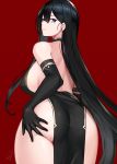  1girl ass bangs black_hair breasts china_dress chinese_clothes dress elbow_gloves gloves hayabusa highres large_breasts long_hair looking_at_viewer original simple_background solo 