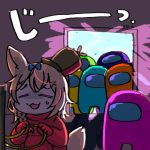  1girl 6+others :3 =_= among_us artist_name bangs blonde_hair blue_bow bow braid commentary_request crewmate_(among_us) eyebrows_visible_through_hair fox_girl hair_bow hat highres hololive indoors looking_at_another mini_hat multicolored_hair multiple_others no_arms omaru_polka open_mouth raised_eyebrows signature single_braid spacesuit standing streaked_hair sweatdrop translation_request turn_pale virtual_youtuber wakatsuki_misato wire 
