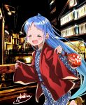  1girl ^_^ ^o^ artist_name blue_hair blush closed_eyes happi holding japanese_clothes kantai_collection kimono long_hair long_sleeves open_mouth round_teeth samidare_(kantai_collection) signature smile solo teeth upper_teeth very_long_hair wide_sleeves yokoshima_(euphoria) yukata 