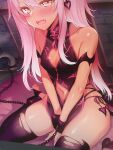  1girl between_legs black_dress black_legwear blush breasts china_dress chinese_clothes chloe_von_einzbern clothing_cutout commentary_request covered_nipples cuffs dark_skin demon_tail dress fangs fate/grand_order fate/kaleid_liner_prisma_illya fate_(series) hand_between_legs highres indoors long_hair looking_at_viewer m-da_s-tarou navel navel_cutout pelvic_curtain photo_(medium) pink_hair restrained shackles short_dress side-tie_dress sidelocks sitting small_breasts solo sweat tail thigh-highs torn_clothes torn_legwear wariza yellow_eyes 