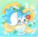  animal animal_focus blue_eyes cocktail_glass commentary cup dated drinking_glass flower food fruit hair_flower hair_ornament hibiscus kuo lemon lemon_slice mint no_humans open_mouth pachirisu parsley pokemon pokemon_(creature) sparkle squirrel teeth upper_teeth 