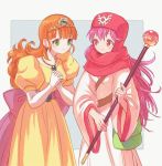 2girls bag dragon_quest dragon_quest_ii dress green_eyes hands_together jewelry long_hair multiple_girls necklace orange_hair pink_hair princess_laura princess_of_moonbrook puffy_short_sleeves puffy_sleeves robe satchel short_sleeves simple_background staff tiara wide_sleeves yuza 