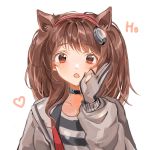  1girl :o angelina_(arknights) animal_ears arknights bangs black_choker brown_hair choker commentary extra_ears eyebrows_visible_through_hair fox_ears gloves grey_jacket hairband hand_up jacket long_hair long_sleeves looking_at_viewer open_clothes open_jacket open_mouth red_eyes red_hairband shirt simple_background solo teruryuu upper_body white_background 