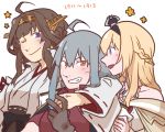  3girls ahoge arm_around_shoulder bare_shoulders betchan black_bow blonde_hair bow braid breasts brown_hair crown detached_sleeves double_bun dress facial_scar flower_(symbol) french_braid gangut_(kantai_collection) grey_hair hair_ornament hairband headgear japanese_clothes jewelry kantai_collection kongou_(kantai_collection) mini_crown multiple_girls necklace nontraditional_miko off-shoulder_dress off_shoulder open_mouth red_eyes red_shirt ribbon-trimmed_sleeves ribbon_trim scar scar_on_cheek shirt skirt smile star_(symbol) violet_eyes warspite_(kantai_collection) 