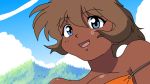  1girl :d bangs blue_eyes brown_hair character_request clouds collarbone copyright_request dark_skin day eyebrows_visible_through_hair looking_at_viewer open_mouth outdoors self_upload short_hair sky smile solo 