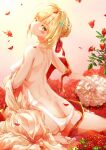  1girl ahoge ass barefoot blonde_hair blush fate/grand_order fate_(series) flower from_side green_eyes hair_intakes highres kneeling looking_afar looking_at_viewer nero_claudius_(fate) nero_claudius_(fate)_(all) petals red_ribbon ribbon rose_petals shoulder_blades smile solo wei_yu 