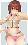  1girl absurdres ass_visible_through_thighs blush brown_eyes brown_hair closed_mouth collarbone cowboy_shot eyebrows_visible_through_hair groin hair_between_eyes hibiki_zerocodo highres kantai_collection long_hair long_sleeves midriff navel neckerchief ooi_(kantai_collection) panties pink_panties remodel_(kantai_collection) sailor_collar school_uniform serafuku signature solo_focus underwear white_neckwear yellow_sailor_collar 