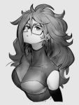  1girl android_21 breasts checkered dragon_ball dragon_ball_fighterz earrings glasses grey_background greyscale hair_between_eyes hoop_earrings jewelry kemachiku long_hair medium_breasts monochrome simple_background solo upper_body 