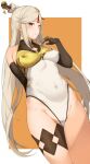  1girl adapted_costume bangs bare_shoulders black_gloves blush breasts chinese_clothes elbow_gloves genshin_impact gloves groin hai_ookami hair_ornament hairpin highleg highleg_leotard large_breasts leotard long_hair looking_at_viewer ningguang red_eyes sidelocks solo thighs white_hair 