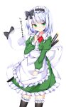  1girl :o alternate_costume apron arm_up black_bow black_legwear blush bow bowtie commentary contrapposto cowboy_shot dress enmaided eyebrows_visible_through_hair garters green_dress green_eyes hairband highres juliet_sleeves konpaku_youmu konpaku_youmu_(ghost) kuraaken lolita_hairband long_sleeves looking_at_viewer maid puffy_sleeves red_neckwear scabbard sheath short_hair silver_hair simple_background solo standing sweatdrop sword thigh-highs touhou translation_request waist_apron weapon white_background 