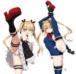  2girls absurdres ankle_boots bangs bare_shoulders black_footwear black_ribbon blonde_hair blue_eyes blue_legwear blue_leotard blush boots bow bow_panties breasts dead_or_alive dead_or_alive_5 dress dual_persona frilled_leotard frills hair_ornament hair_ribbon high_kick highres kicking knee_boots legs leotard long_hair looking_at_viewer marie_rose multiple_girls open_mouth panties platform_footwear ribbon small_breasts split standing standing_on_one_leg standing_split thighs twintails underwear white_panties x_hair_ornament yd_(orange_maru) 