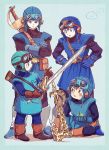  1boy apple axe blue_eyes brown_eyes brown_hair crossed_arms dragon_quest dragon_quest_ii food fruit gloves goggles goggles_on_headwear hands_on_hips indian_style prince_of_lorasia simple_background sitting slime_(dragon_quest) sword weapon yuza 