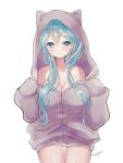  1girl absurdres aqua_eyes aqua_hair artist_name breasts commentary cowboy_shot hair_between_eyes hatsune_miku highres hood hoodie large_breasts long_hair mugiyu off_shoulder simple_background sleeves_past_wrists solo standing vocaloid white_background 