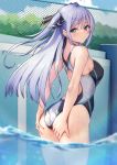  1girl aqua_eyes ass ass_grab back bangs bare_legs blue_sky breasts bush chain-link_fence closed_mouth clouds commentary_request competition_swimsuit covered_nipples day embarrassed eyebrows_visible_through_hair feet_out_of_frame fence grabbing_own_ass hair_ribbon highres long_hair looking_at_viewer looking_to_the_side multicolored multicolored_clothes multicolored_swimsuit one-piece_swimsuit original outdoors partially_submerged pool purple_hair ribbon sideboob sidelocks sky solar_(happymonk) solo standing swimsuit thighs tight wet 