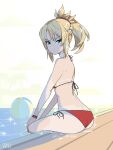  1girl artoria_pendragon_(all) ass ball beach_umbrella beachball bikini blonde_hair braid butt_crack clouds eyebrows_visible_through_hair fate/apocrypha fate/grand_order fate_(series) french_braid from_behind green_eyes hair_ornament hair_scrunchie highres looking_back mordred_(fate) mordred_(fate)_(all) palm_tree ponytail pool poolside r3dfive red_bikini red_scrunchie saber scrunchie solo swimsuit tan tanline tree umbrella white_background 