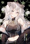 1girl absurdres ahoge animal_ears bare_shoulders blush breasts commentary_request copyright_name earrings eyebrows_visible_through_hair fur-trimmed_jacket fur_trim grey_eyes grey_hair hair_between_eyes hand_on_hip highres hololive jacket jewelry large_breasts lion_ears lion_girl long_hair looking_at_viewer midriff myusha necklace shirt shishiro_botan skirt sleeveless sleeveless_shirt solo virtual_youtuber 